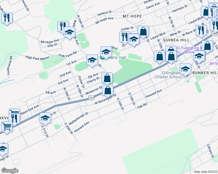 map of restaurants, bars, coffee shops, grocery stores, and more near 106 North 16th Street in Pottsville