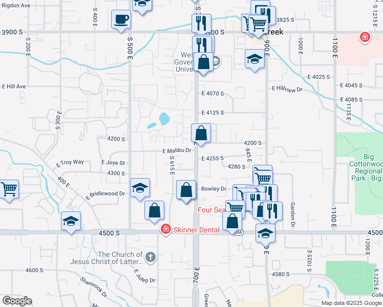 map of restaurants, bars, coffee shops, grocery stores, and more near 4212 Utah 71 in Millcreek