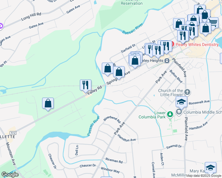 map of restaurants, bars, coffee shops, grocery stores, and more near 730 Springfield Avenue in Berkeley Heights