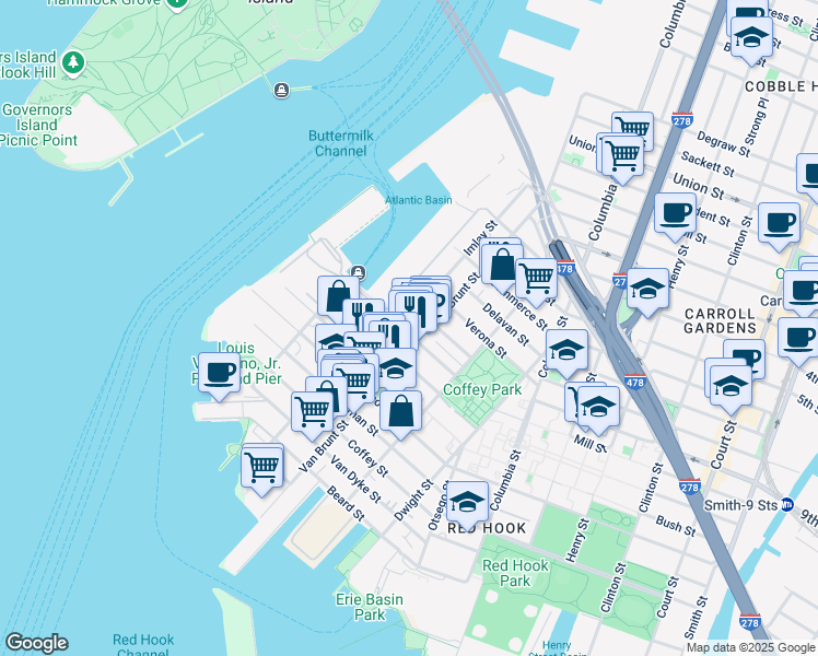 map of restaurants, bars, coffee shops, grocery stores, and more near 166 Imlay Street in Brooklyn