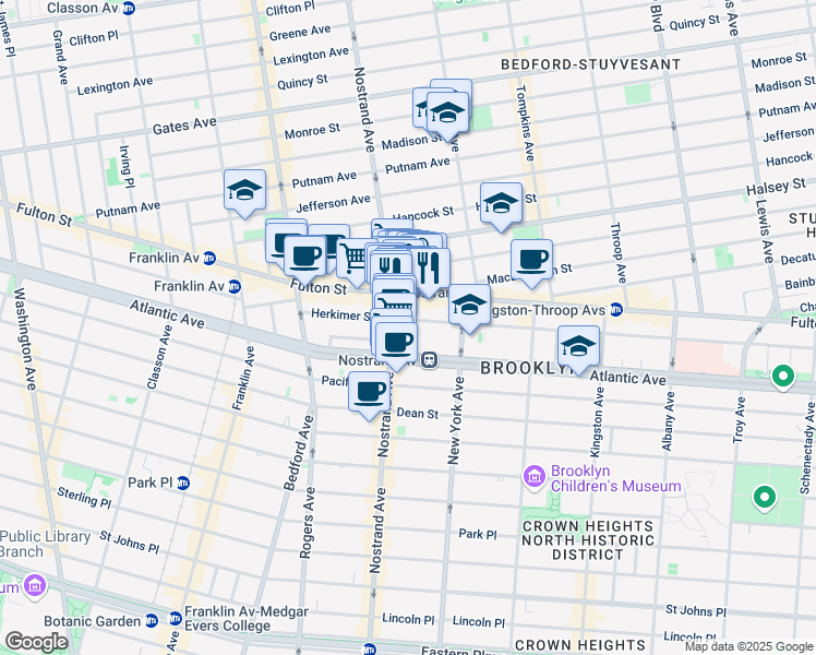 map of restaurants, bars, coffee shops, grocery stores, and more near 132 Herkimer Street in Brooklyn