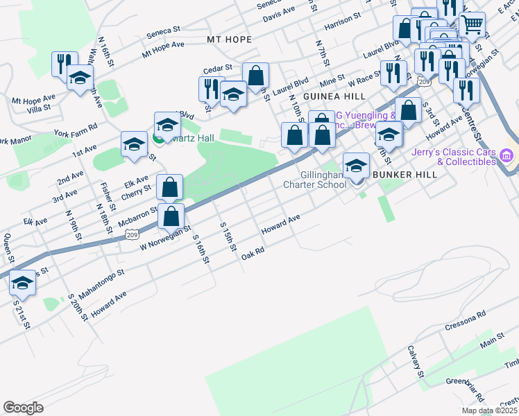 map of restaurants, bars, coffee shops, grocery stores, and more near 1320 Mahantongo Street in Pottsville