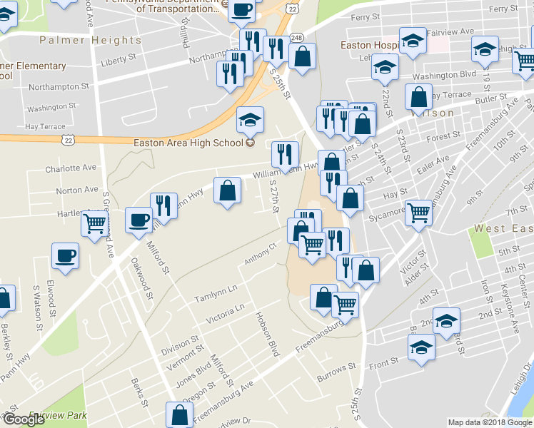 map of restaurants, bars, coffee shops, grocery stores, and more near 2720 Columbia Street in Easton