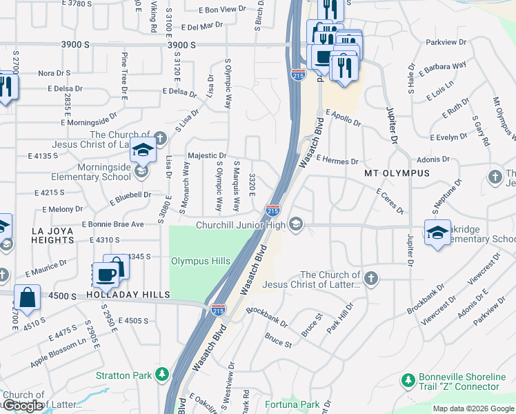 map of restaurants, bars, coffee shops, grocery stores, and more near 4245 3320 East in Salt Lake City