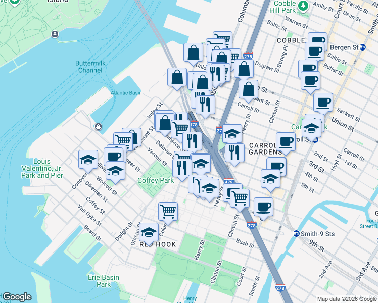 map of restaurants, bars, coffee shops, grocery stores, and more near 15 Seabring Street in Brooklyn
