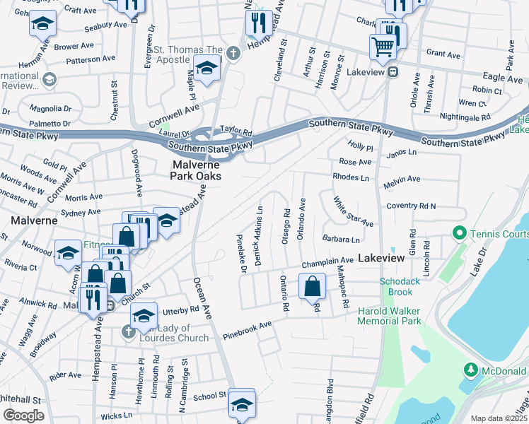 map of restaurants, bars, coffee shops, grocery stores, and more near 1138 Ossipee Road in West Hempstead