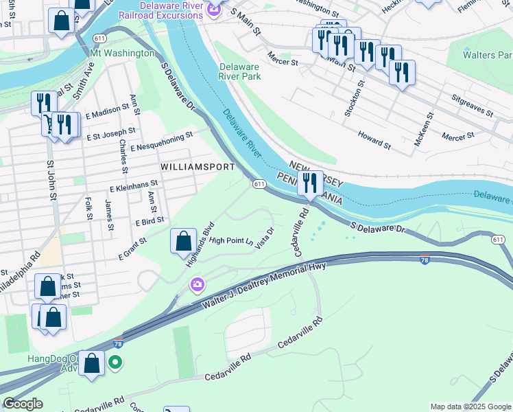 map of restaurants, bars, coffee shops, grocery stores, and more near 146 Vista Drive in Easton