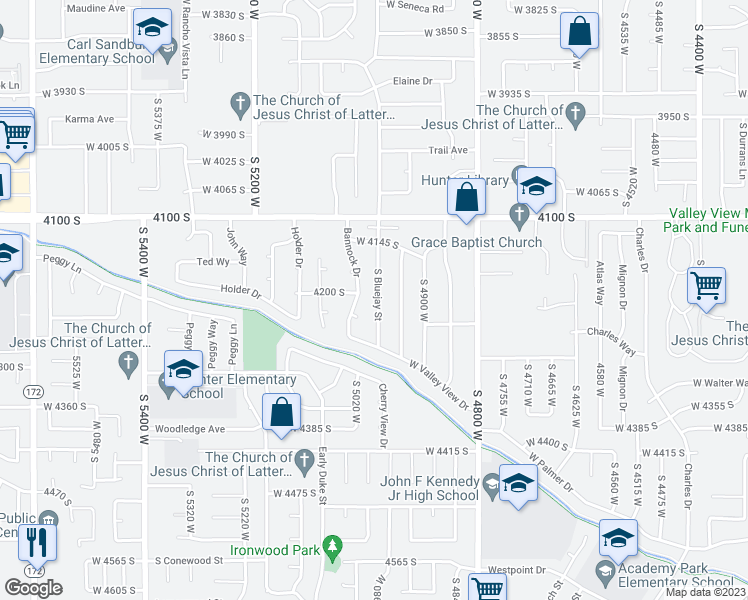 map of restaurants, bars, coffee shops, grocery stores, and more near 4206 South Bluejay Street in West Valley City