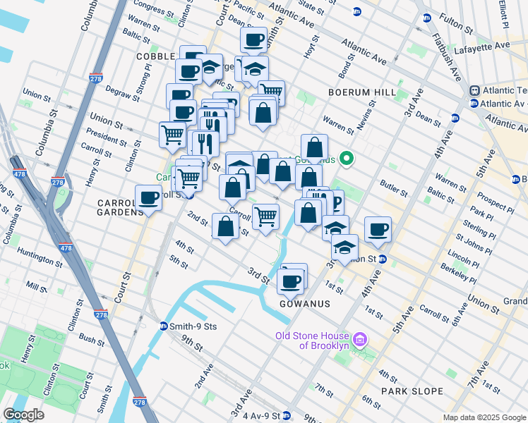 map of restaurants, bars, coffee shops, grocery stores, and more near 402 President Street in Brooklyn
