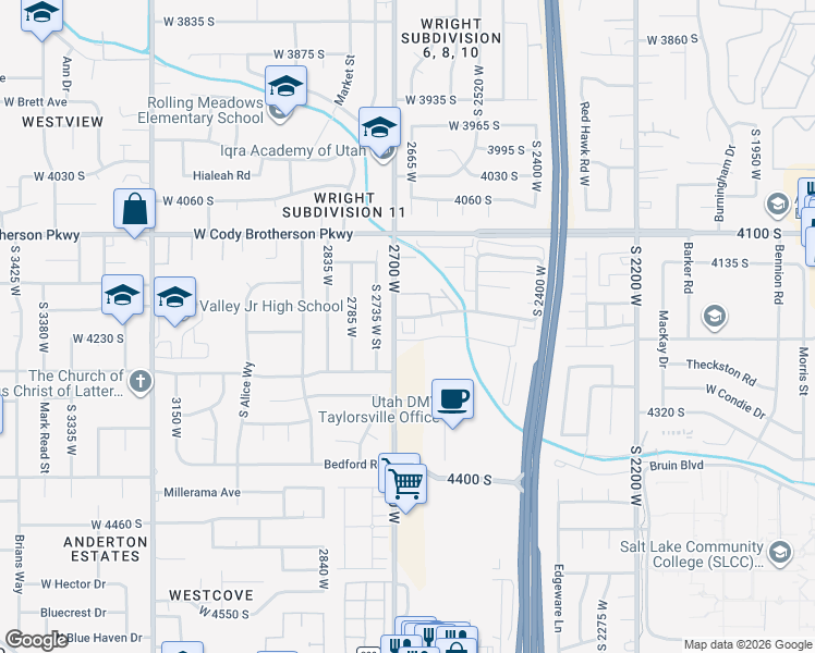 map of restaurants, bars, coffee shops, grocery stores, and more near 4216 South Solitude Ridge in Taylorsville