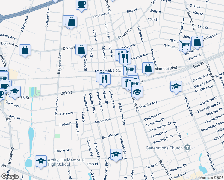 map of restaurants, bars, coffee shops, grocery stores, and more near 20 Pine Street in Copiague