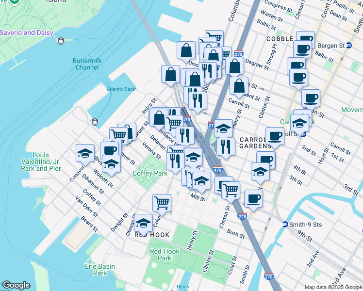 map of restaurants, bars, coffee shops, grocery stores, and more near 15 Seabring Street in Brooklyn
