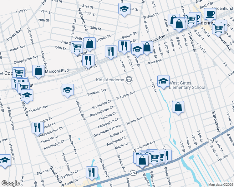 map of restaurants, bars, coffee shops, grocery stores, and more near 243 South 16th Street in Lindenhurst