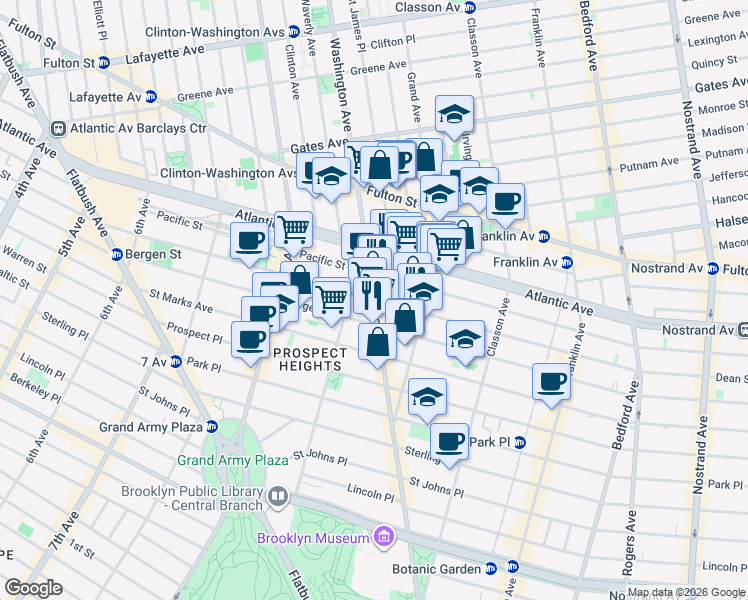 map of restaurants, bars, coffee shops, grocery stores, and more near Washington Ave & Dean St in Brooklyn