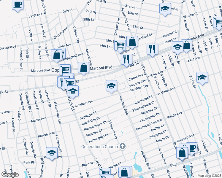 map of restaurants, bars, coffee shops, grocery stores, and more near 114 Clubhouse Drive in Copiague