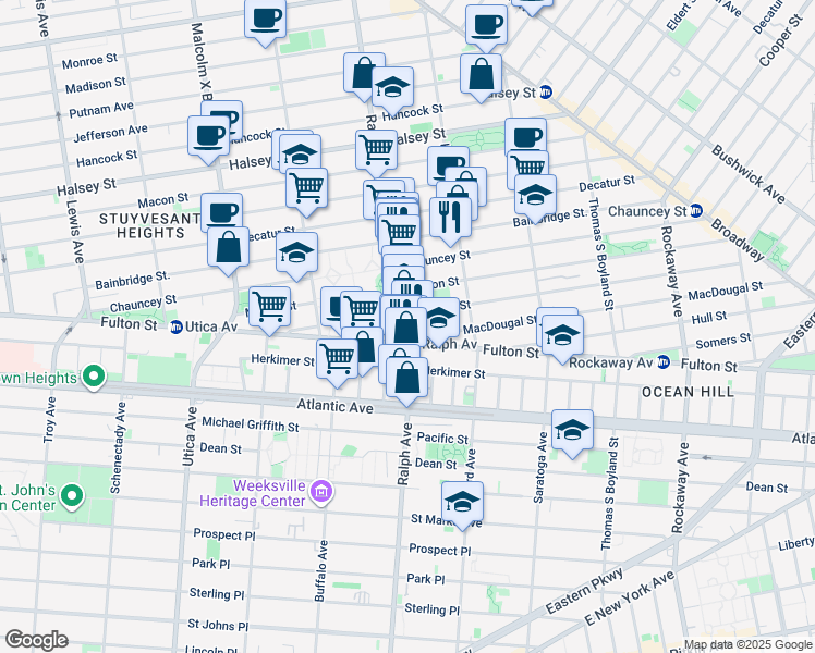 map of restaurants, bars, coffee shops, grocery stores, and more near 293 Ralph Avenue in Brooklyn