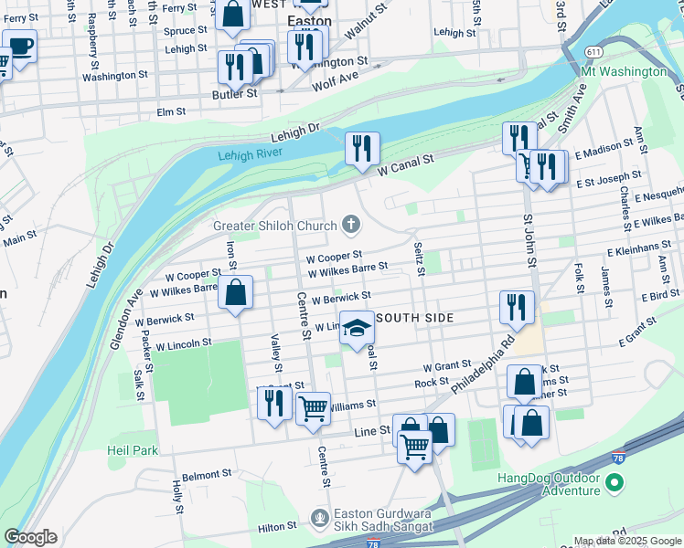 map of restaurants, bars, coffee shops, grocery stores, and more near 528 West Wilkes Barre Street in Easton