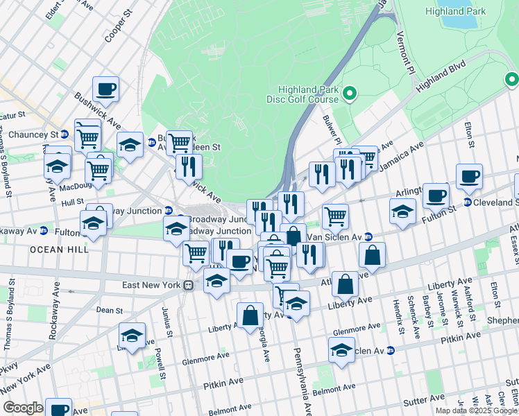 map of restaurants, bars, coffee shops, grocery stores, and more near 66 Highland Boulevard in Brooklyn