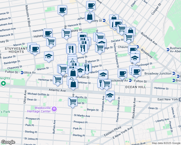 map of restaurants, bars, coffee shops, grocery stores, and more near 75 MacDougal Street in Brooklyn