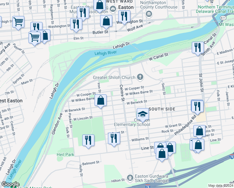 map of restaurants, bars, coffee shops, grocery stores, and more near 723 West Wilkes Barre Street in Easton