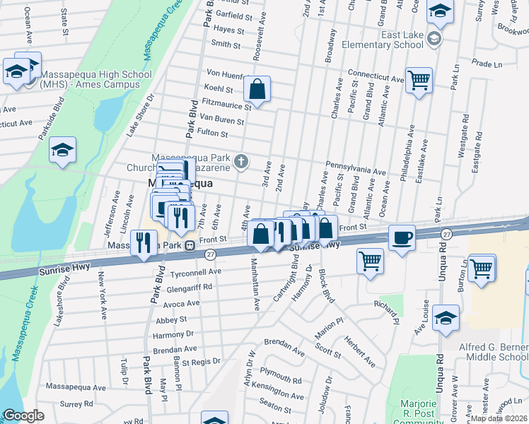 map of restaurants, bars, coffee shops, grocery stores, and more near 50 3rd Avenue in Massapequa Park