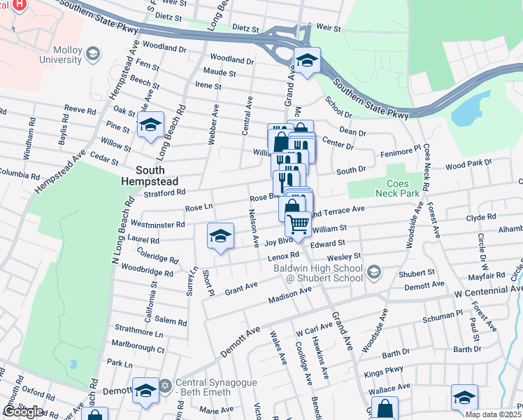 map of restaurants, bars, coffee shops, grocery stores, and more near 641 Rose Boulevard in Baldwin