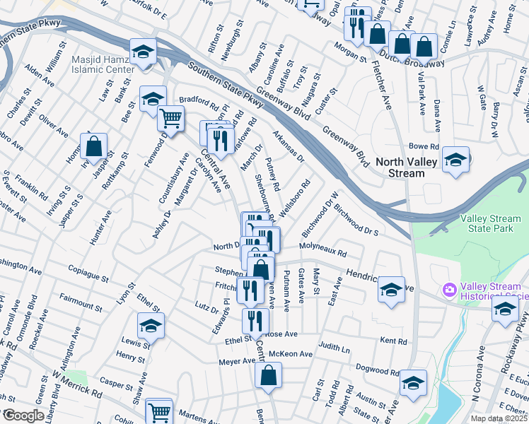 map of restaurants, bars, coffee shops, grocery stores, and more near 1610 Sherbourne Road in Valley Stream