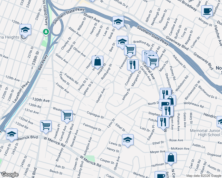 map of restaurants, bars, coffee shops, grocery stores, and more near 1049 Hunter Avenue in Valley Stream