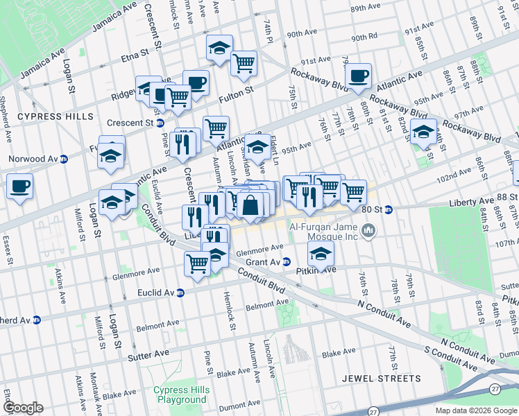 map of restaurants, bars, coffee shops, grocery stores, and more near 108 Sheridan Avenue in Brooklyn