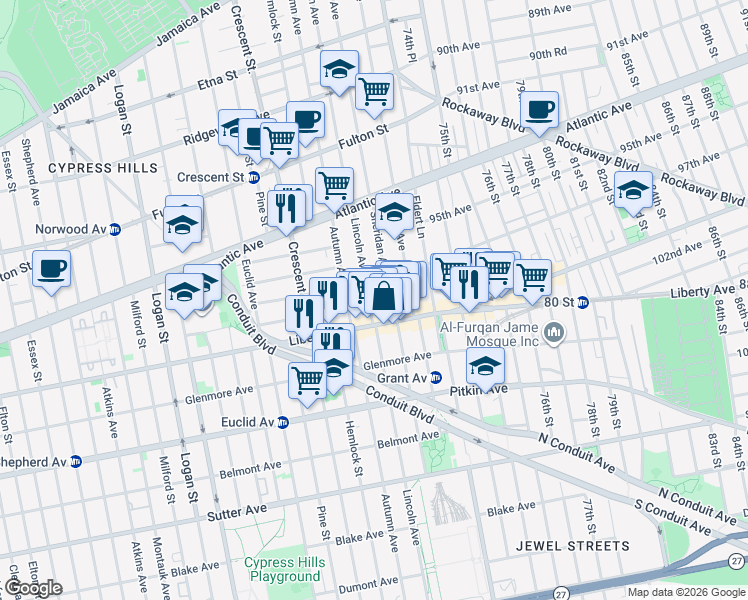 map of restaurants, bars, coffee shops, grocery stores, and more near 108 Sheridan Avenue in Brooklyn