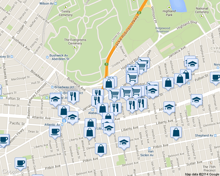 map of restaurants, bars, coffee shops, grocery stores, and more near 12/10 Vermont Street in Brooklyn