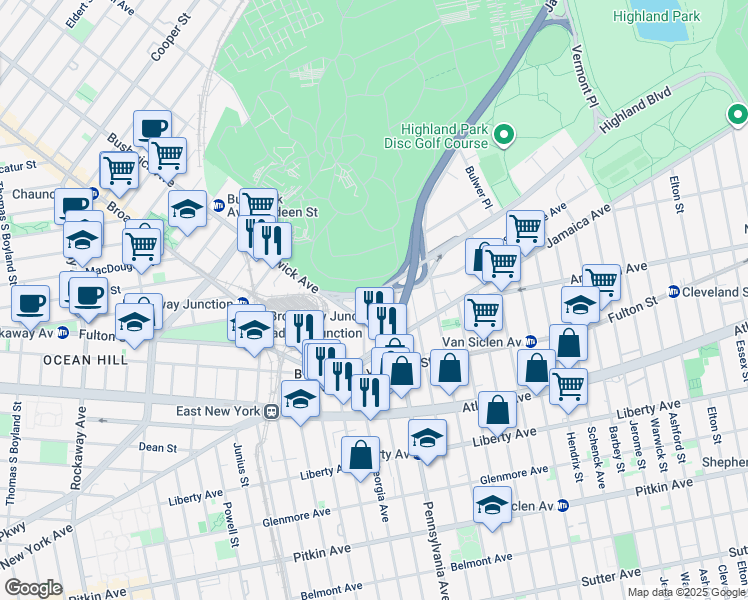 map of restaurants, bars, coffee shops, grocery stores, and more near 66 Highland Boulevard in Brooklyn