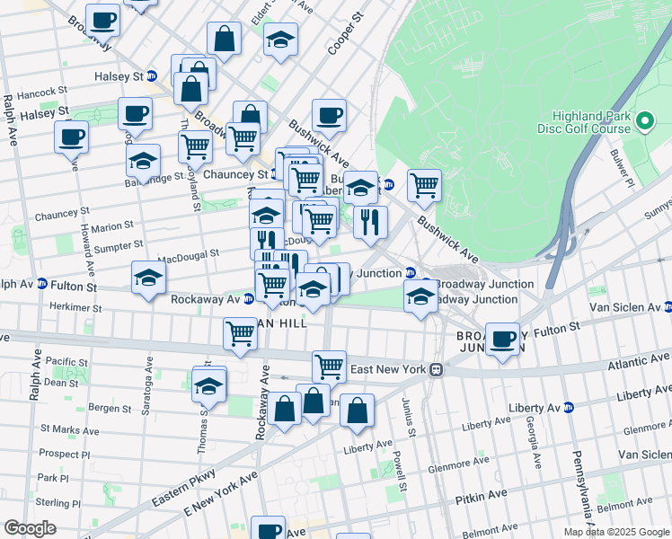 map of restaurants, bars, coffee shops, grocery stores, and more near 217 Hull Street in Brooklyn