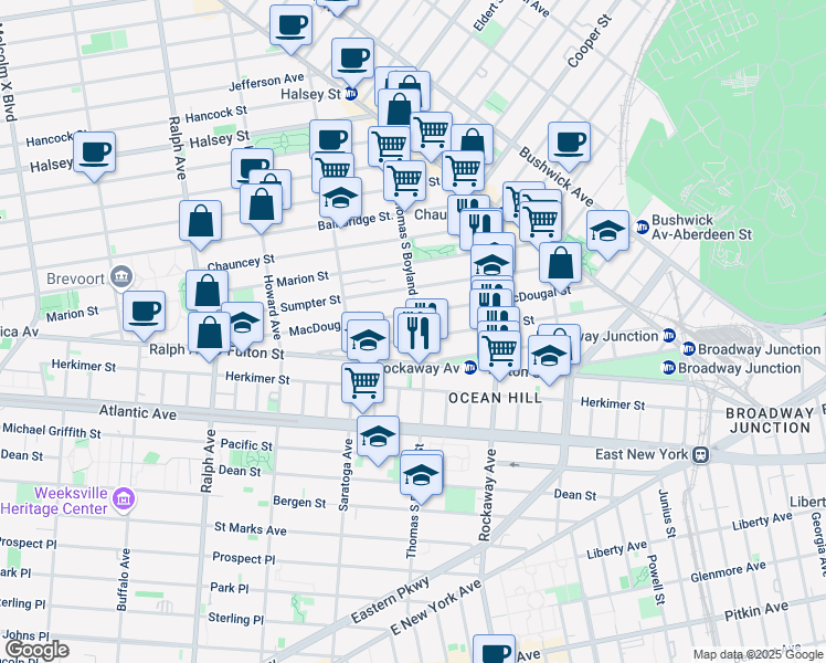 map of restaurants, bars, coffee shops, grocery stores, and more near 181 Macdougal Street in Brooklyn