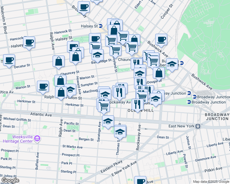 map of restaurants, bars, coffee shops, grocery stores, and more near 181 Macdougal Street in Brooklyn