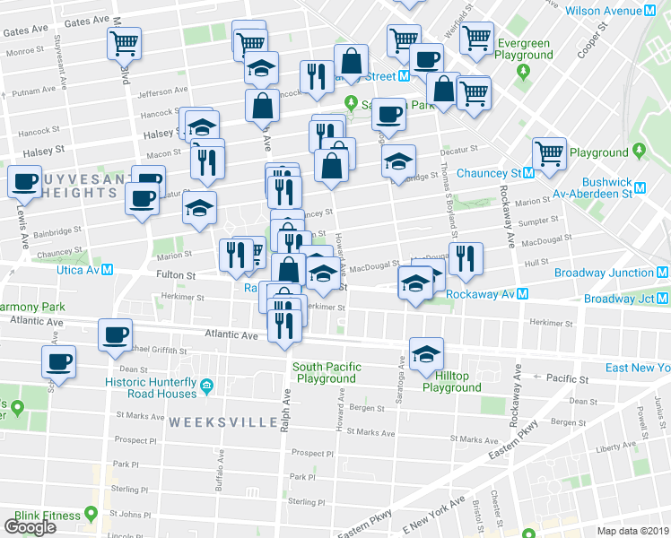 map of restaurants, bars, coffee shops, grocery stores, and more near 128 Sumpter Street in Brooklyn