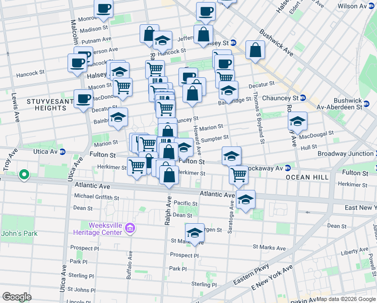 map of restaurants, bars, coffee shops, grocery stores, and more near 128 Sumpter Street in Brooklyn