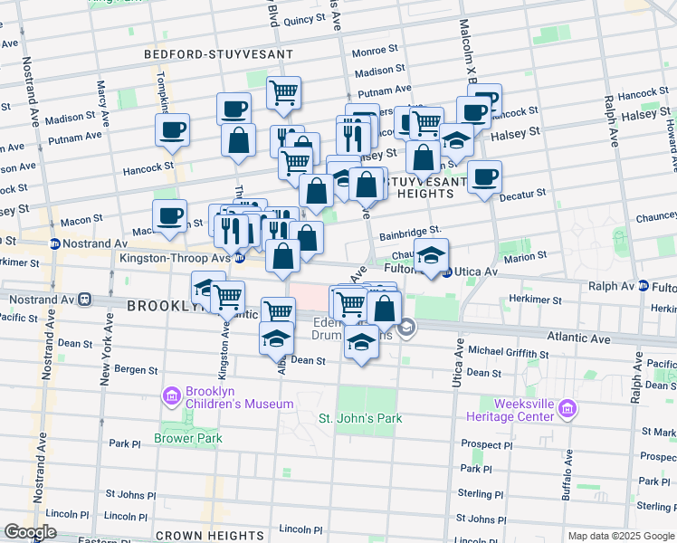 map of restaurants, bars, coffee shops, grocery stores, and more near 1625 Fulton Street in Brooklyn