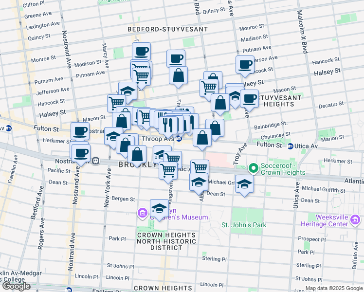 map of restaurants, bars, coffee shops, grocery stores, and more near 1496 Fulton Street in Brooklyn