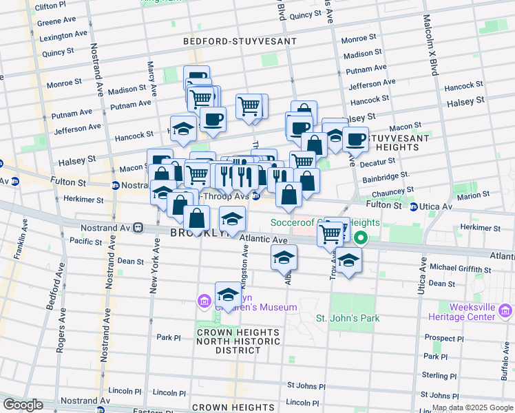 map of restaurants, bars, coffee shops, grocery stores, and more near 1496 Fulton Street in Brooklyn