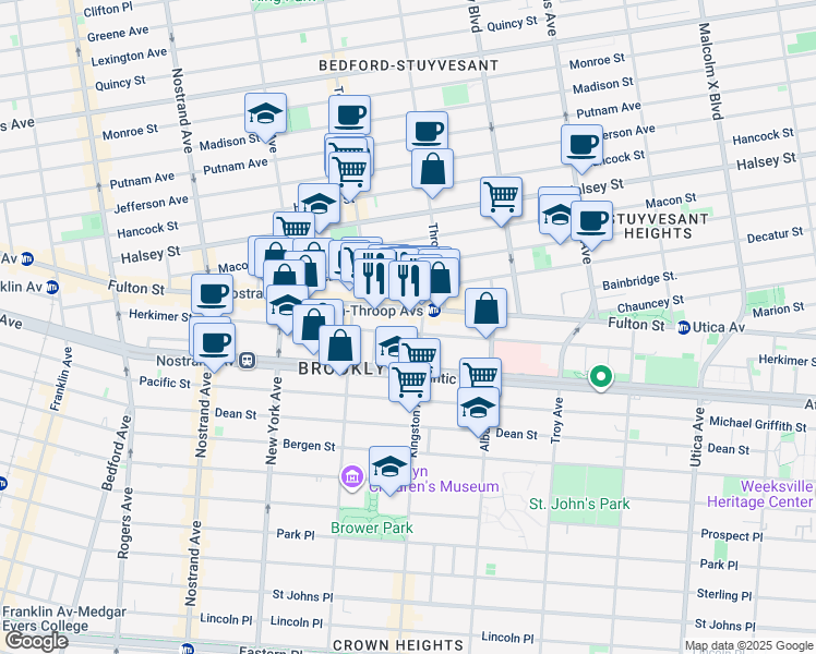 map of restaurants, bars, coffee shops, grocery stores, and more near 1471 Fulton Street in Brooklyn
