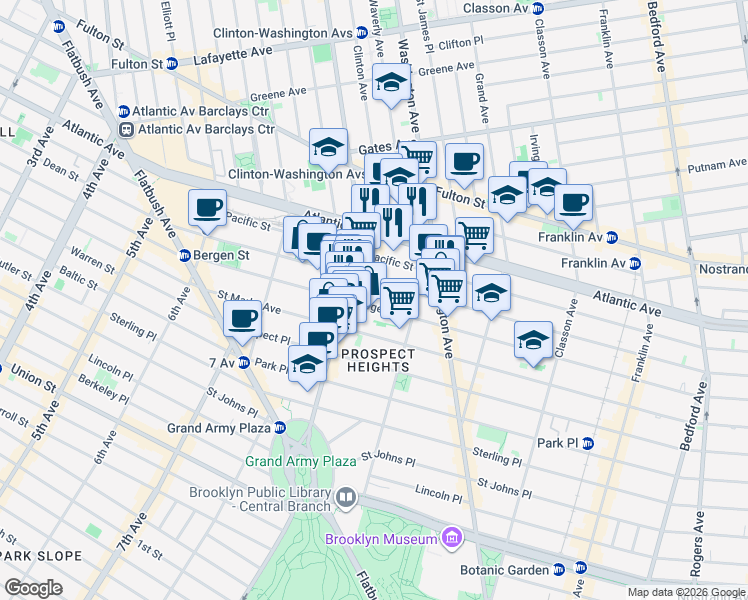 map of restaurants, bars, coffee shops, grocery stores, and more near 717 Dean Street in Brooklyn