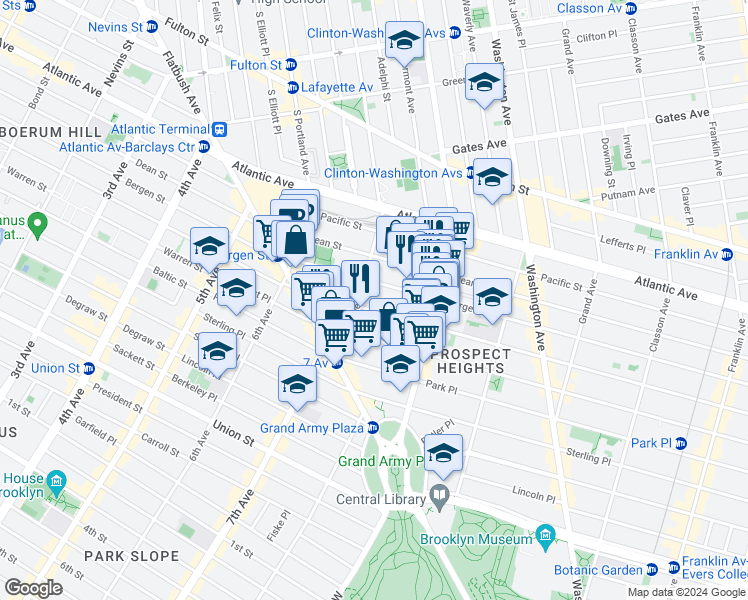 map of restaurants, bars, coffee shops, grocery stores, and more near 565 Bergen Street in Brooklyn