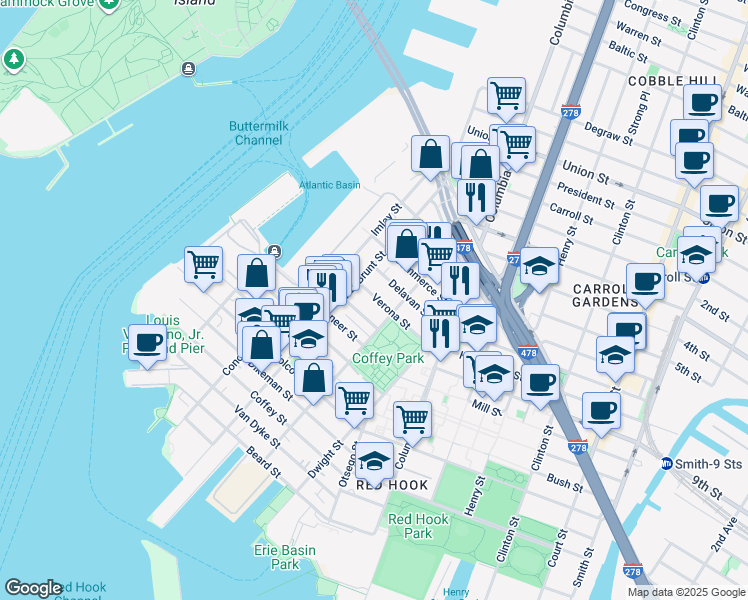 map of restaurants, bars, coffee shops, grocery stores, and more near 50 Delavan Street in Brooklyn