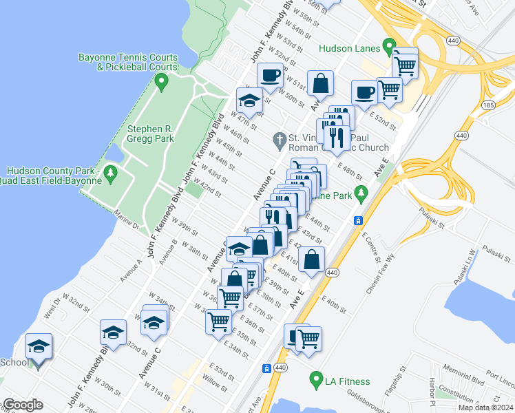 map of restaurants, bars, coffee shops, grocery stores, and more near 942 Avenue C in Bayonne