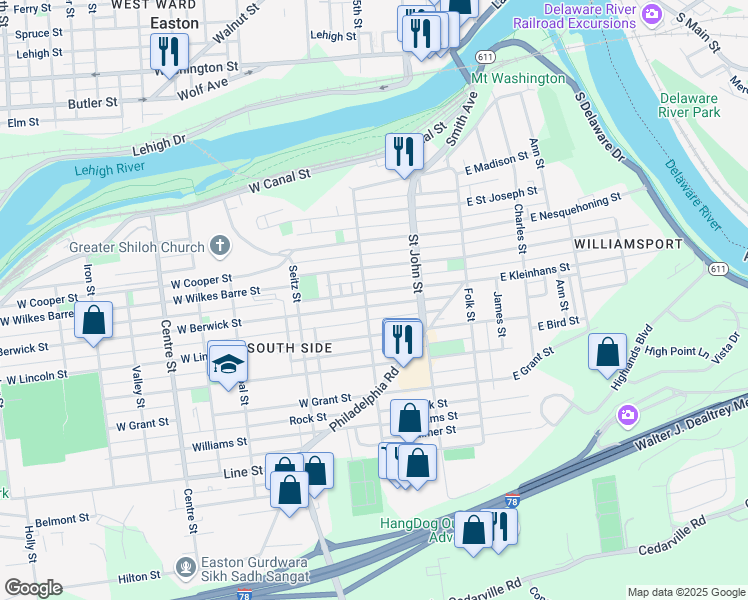 map of restaurants, bars, coffee shops, grocery stores, and more near 247 West Kleinhans Street in Easton