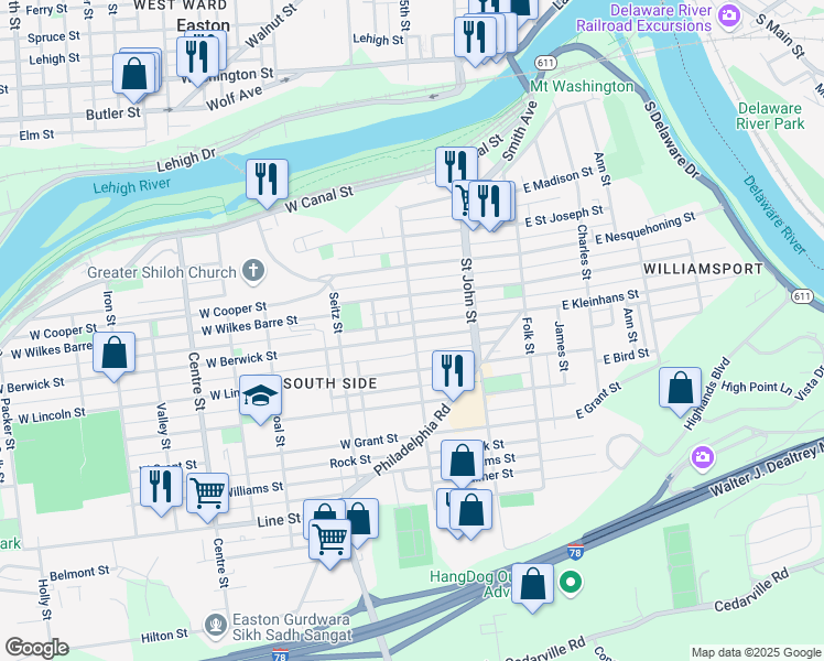 map of restaurants, bars, coffee shops, grocery stores, and more near 423 Davis Street in Easton