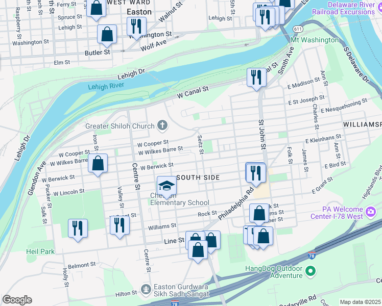 map of restaurants, bars, coffee shops, grocery stores, and more near 413 West Wilkes Barre Street in Easton