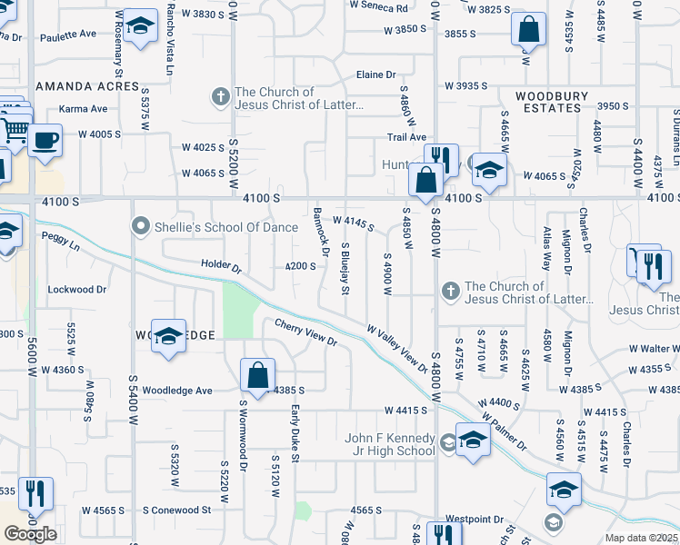 map of restaurants, bars, coffee shops, grocery stores, and more near 4206 Blue Jay Street in West Valley City