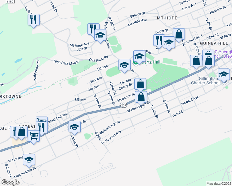 map of restaurants, bars, coffee shops, grocery stores, and more near 1746 West End Avenue in Pottsville